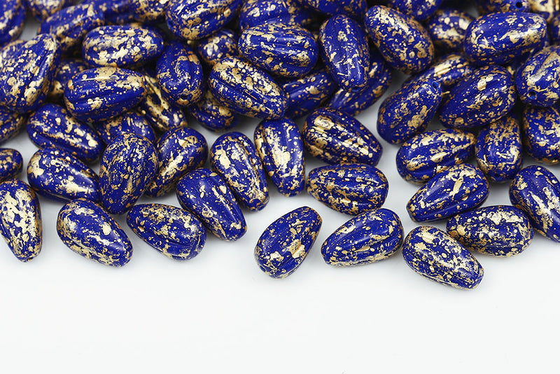 Melon Drops 13×8mm Gold Splash Navy Blue Czech Beads