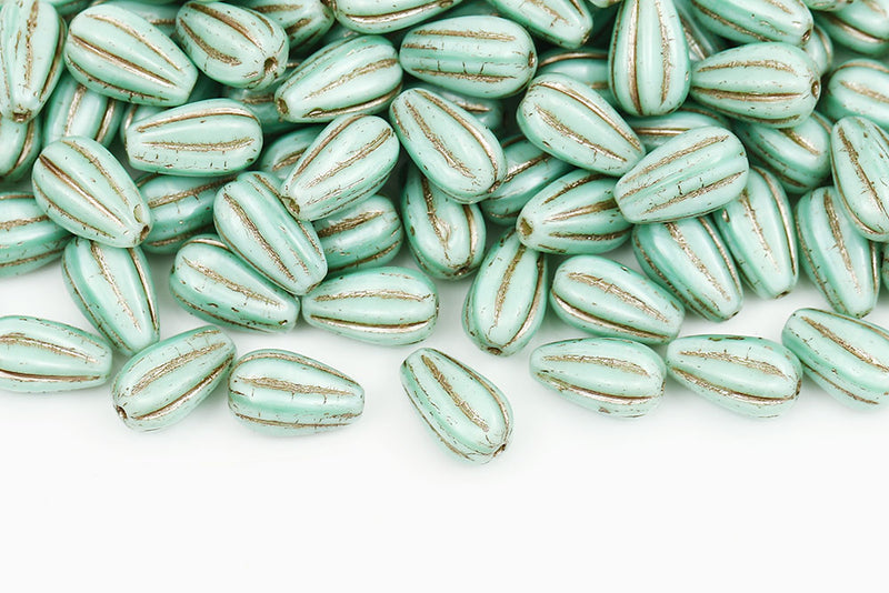 Melon Drops 13×8mm Silk Lt.Green With Rose Gold Czech Beads