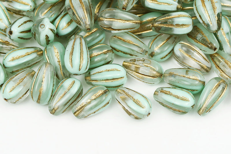 Melon Drops 13×8mm Crystal Lt.Green Mixed With Gold Czech Beads