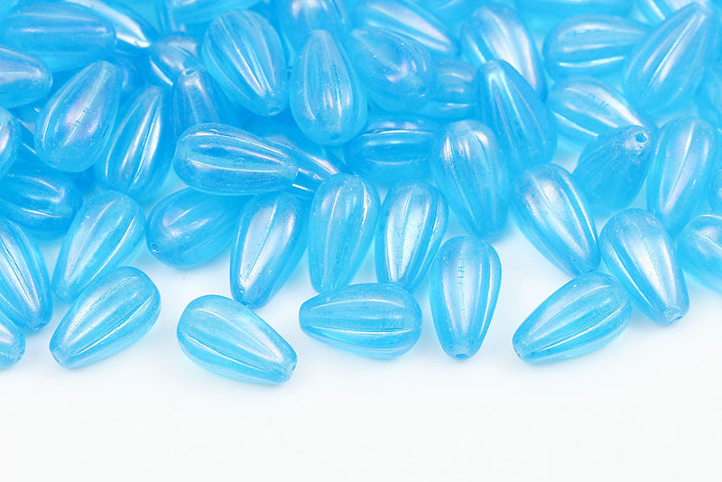 Melon Drops 13×8mm Aqua Brown Iris Finish Czech Beads