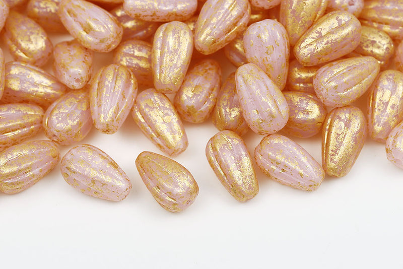 Melon Drops 13×8mm Gold Splash Opal Lt.Pink Czech Beads