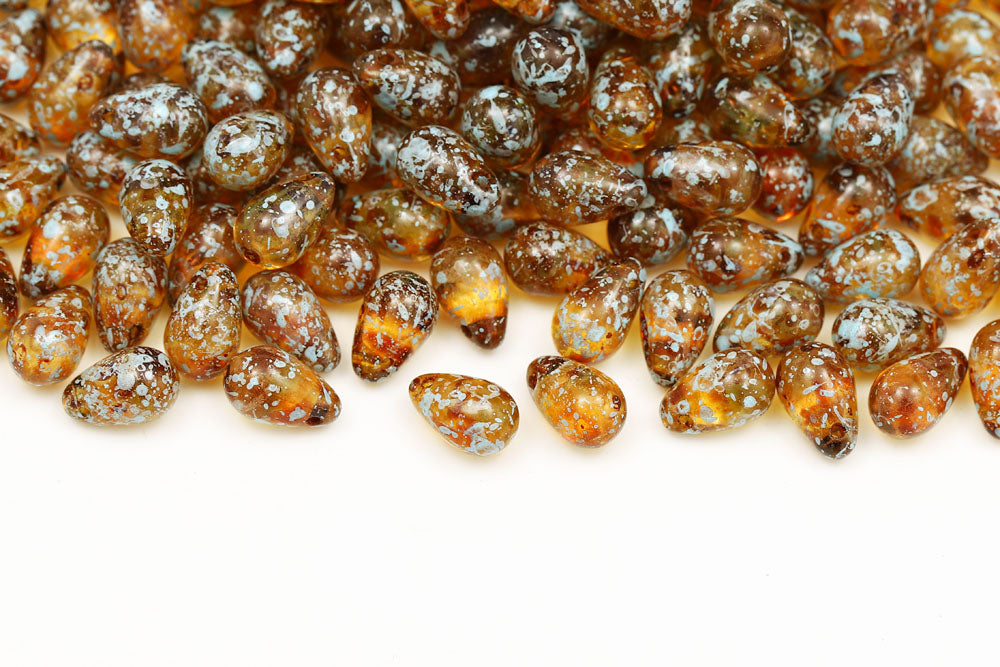 Drops 6×9mm Blue Splash Crystal Travertin Czech Beads