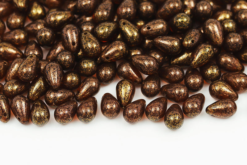 Drops 6×9mm Smoked Topaz With Gold Marble Finish Czech Beads