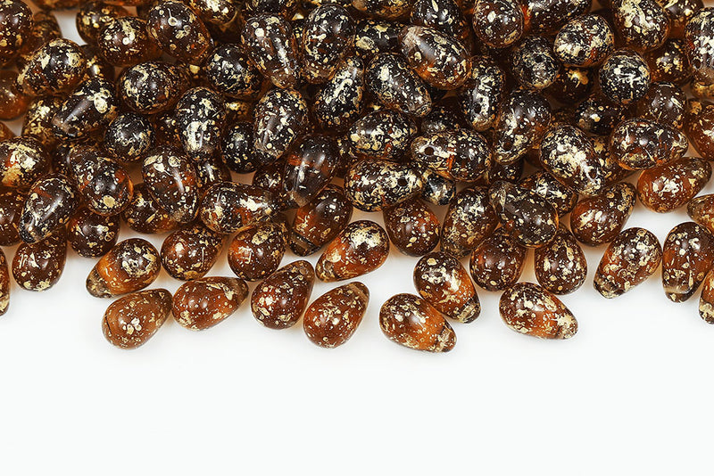 Drops 6×9mm Gold Splash Smoked Topaz Czech Beads