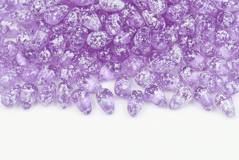 Drops 6×9mm White Splash Violet Czech Glass Beads