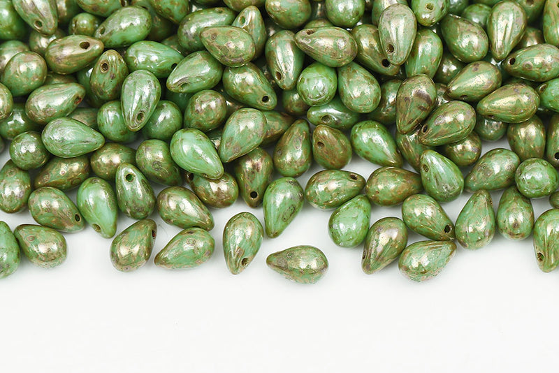 Drops 6×9mm Mint Green Picasso Czech Glass Beads