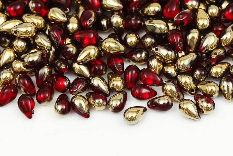 Drops 6×9mm Ruby Amber Finish Czech Glass Beads