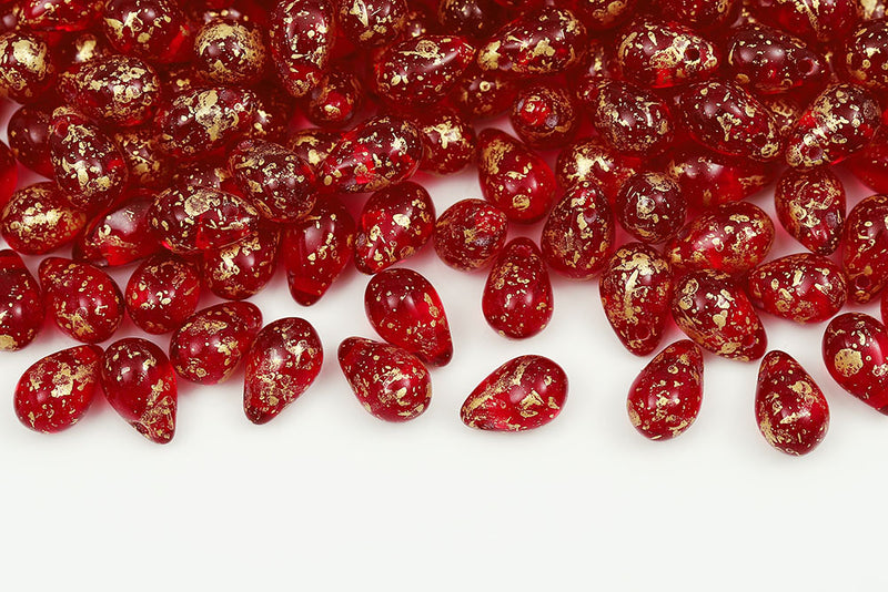 Drops 6×9mm Gold Splash Ruby Czech Glass Beads