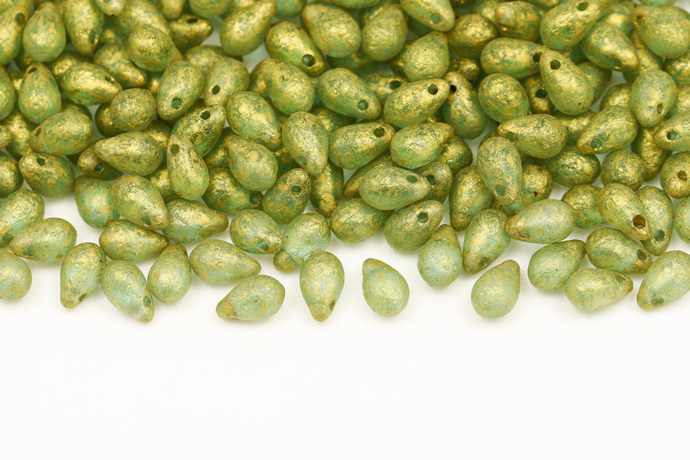 Drops 6×9mm Gold Splash Aqua Etched Finish Czech Beads