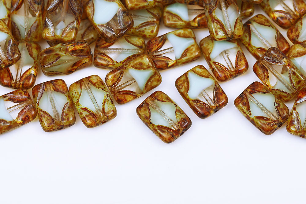 Window Rectangle 12×8mm White Green Mixed Travertine 1-Hole Czech Beads