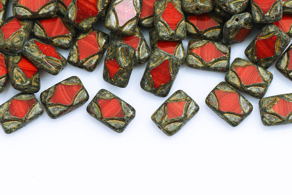 Window Rectangle 12×8mm Silk Red Travertine 1-Hole Czech Beads