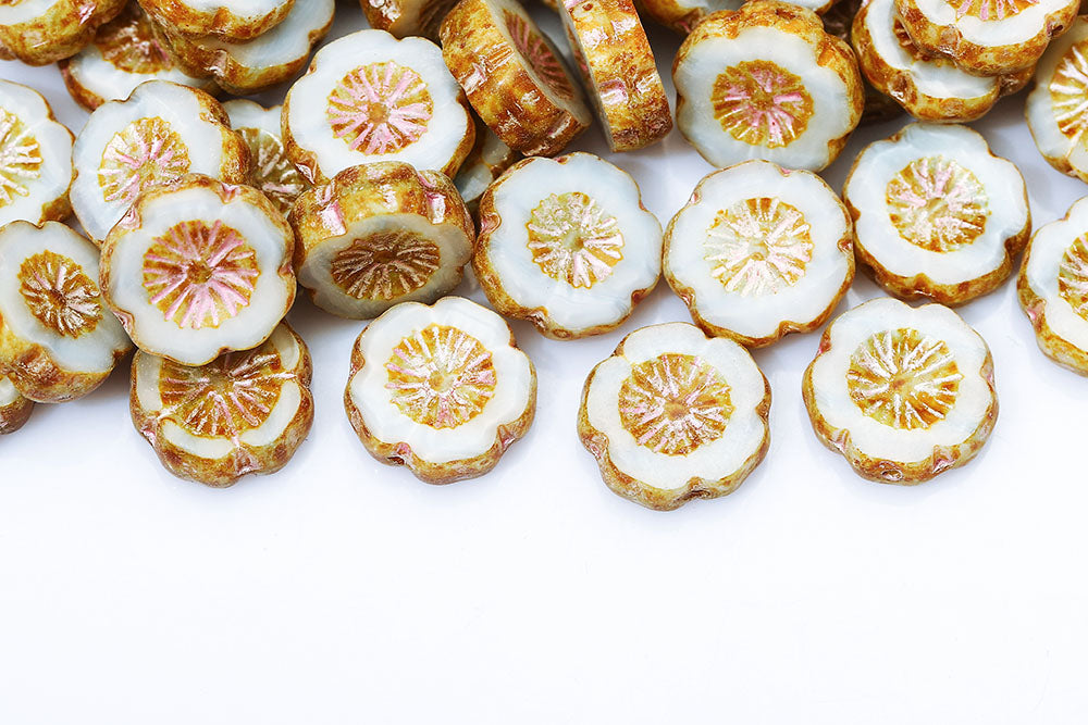 Hawaiian Flowers 14×14mm White Blue Mixed Travertine With Pink 1-Hole Czech Beads 