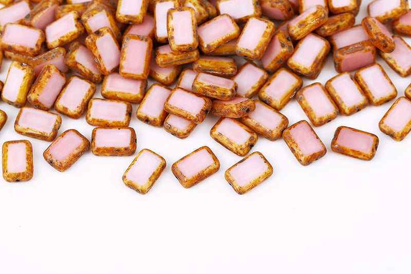 Rectangle 12×8mm Opaque Lt.Pink Travertin 1-Hole Czech Beads