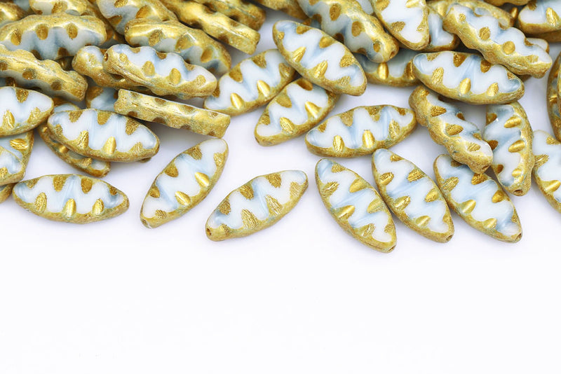 Serrated 18×7mm White Blue Mixed Gold Finish 1-Hole Czech Beads