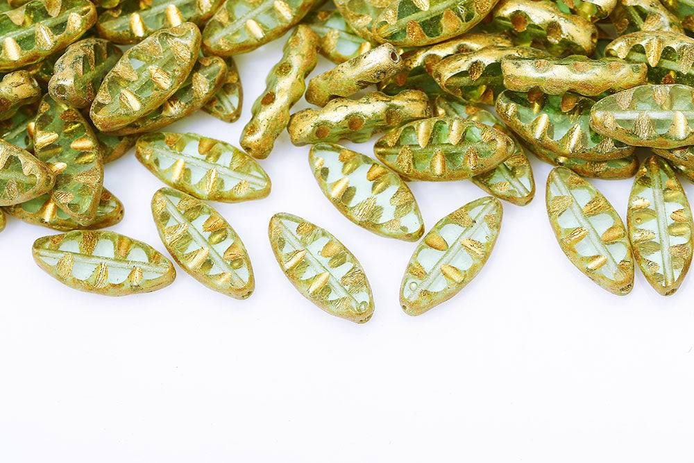 Serrated 18×7mm Grass Green Gold Finish 1-Hole Czech Beads