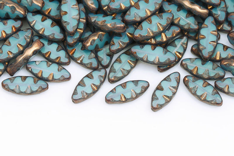 Serrated 18×7mm Opal Aqua Violet Luster 1-Hole Czech Beads