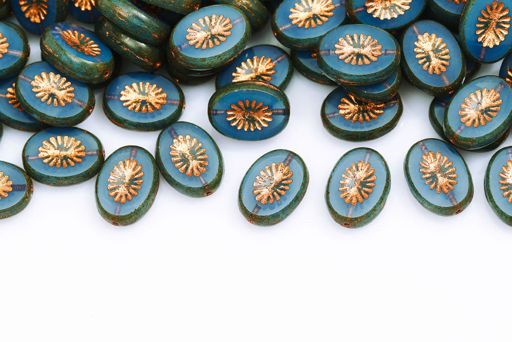Kiwi 14×10mm Opal Blue Travertine With Copper 1-Hole Czech Beads