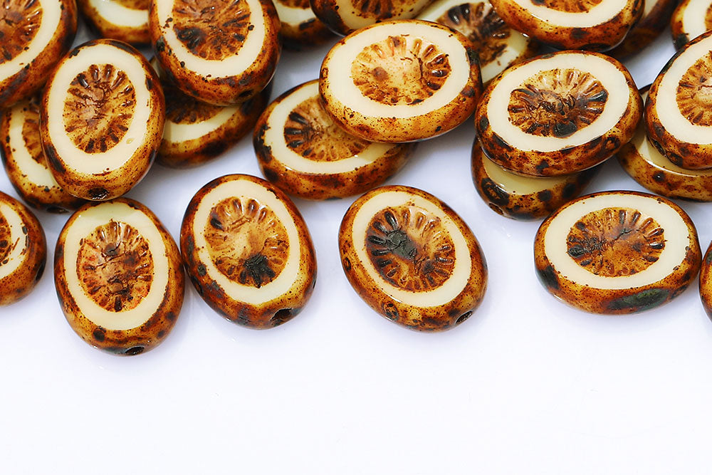 Kiwi 14×10mm Opaque Ivory Travertine 1-Hole Czech Beads