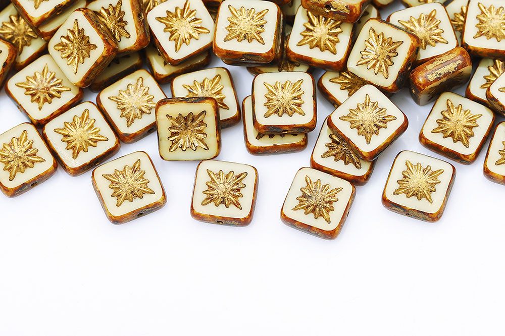 Squared Kiwi 10×10mm Ivory Travertine With Gold 1-Hole Czech Beads