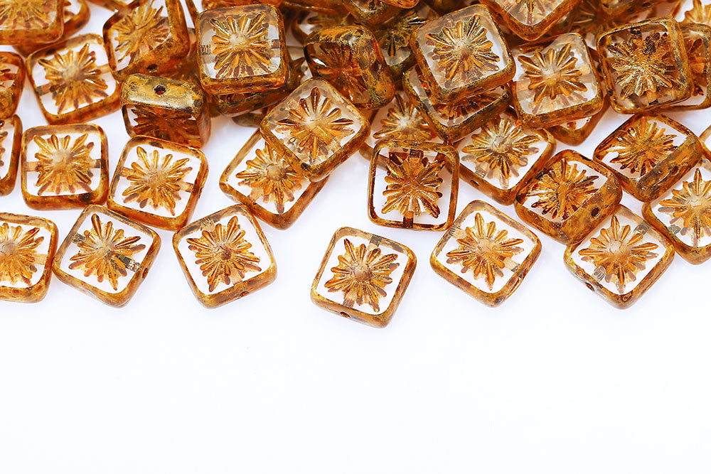 Squared Kiwi 10×10mm Crystal Travertine Gold Finish 1-Hole Czech Beads