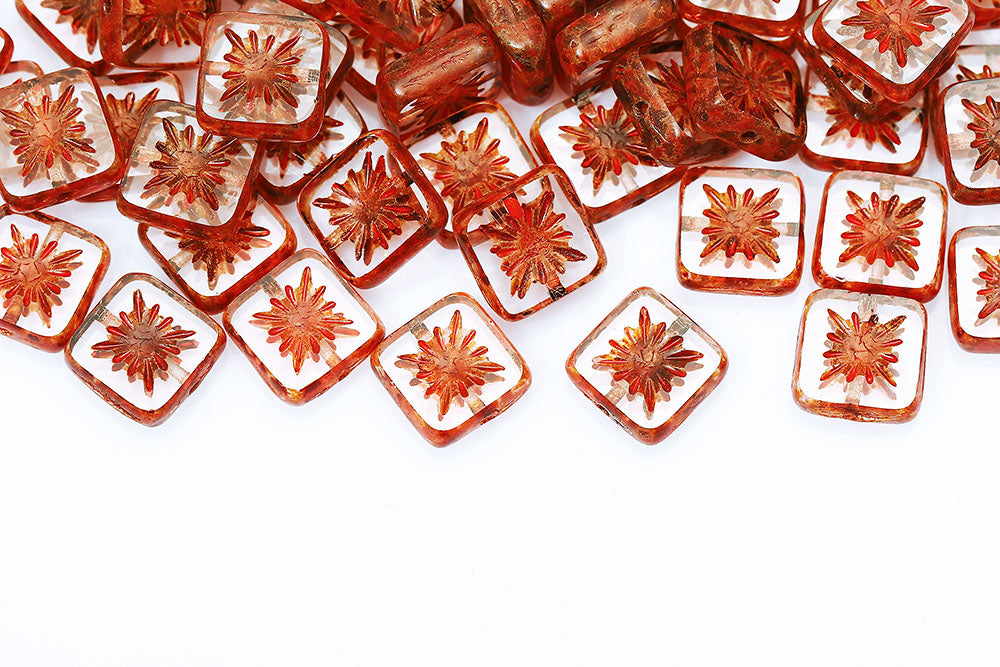 Squared Kiwi 10×10mm Crystal Travertine Red Finish 1-Hole Czech Beads