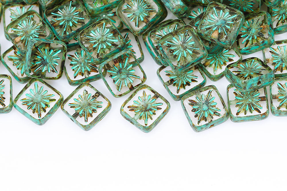 Squared Kiwi 10×10mm Crystal Travertine Aqua Finish 1-Hole Czech Beads