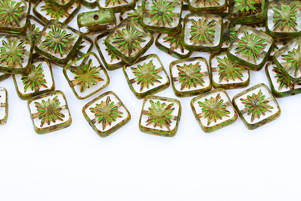 Squared Kiwi 10×10mm Crystal Travertine Green Finish 1-Hole Czech Beads