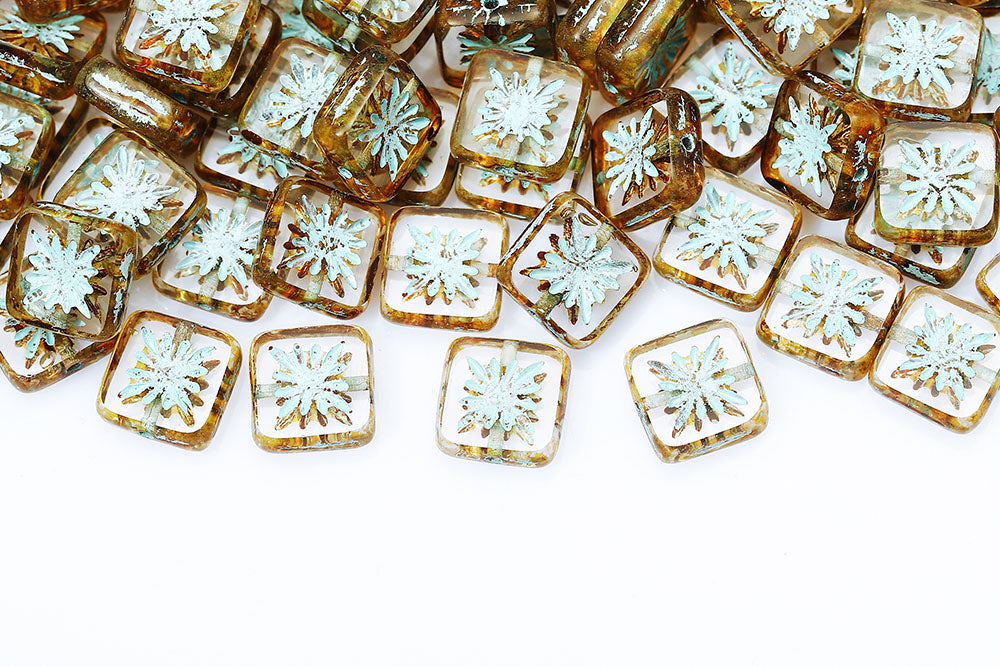 Squared Kiwi 10×10mm Crystal Travertine With Blue 1-Hole Czech Beads