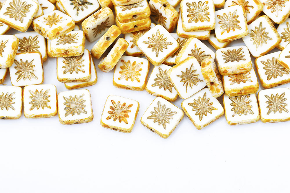 Squared Kiwi 10×10mm Chalk Travertine With Gold 1-Hole Czech Beads