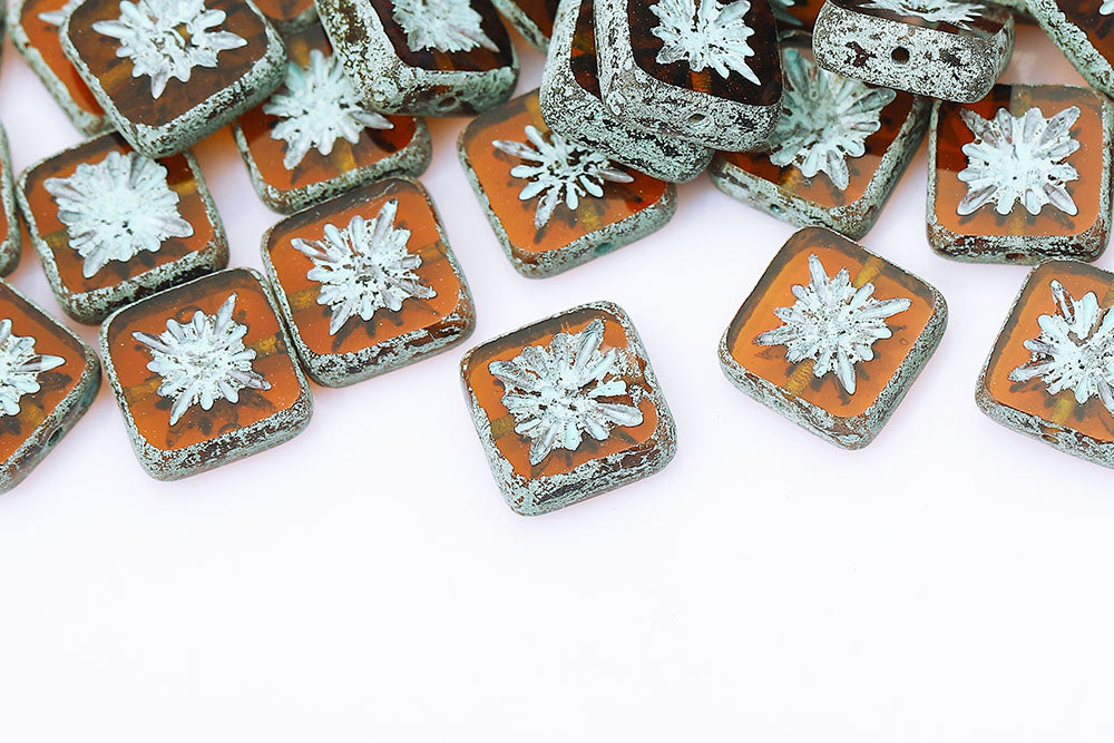 Squared Kiwi 10×10mm Smoked Topaz Travertine With Blue 1-Hole Czech Beads