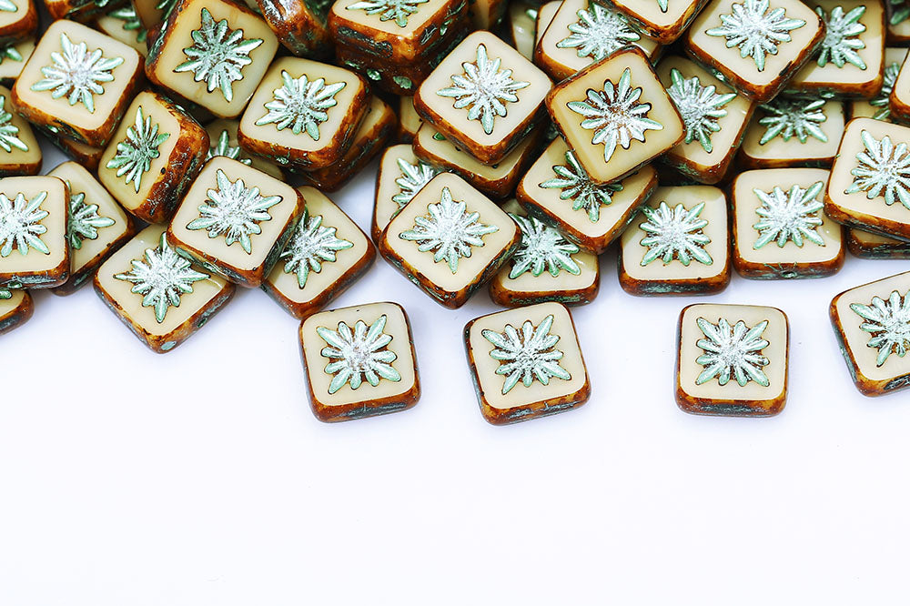 Squared Kiwi 10×10mm Ivory Travertine With Green 1-Hole Czech Beads