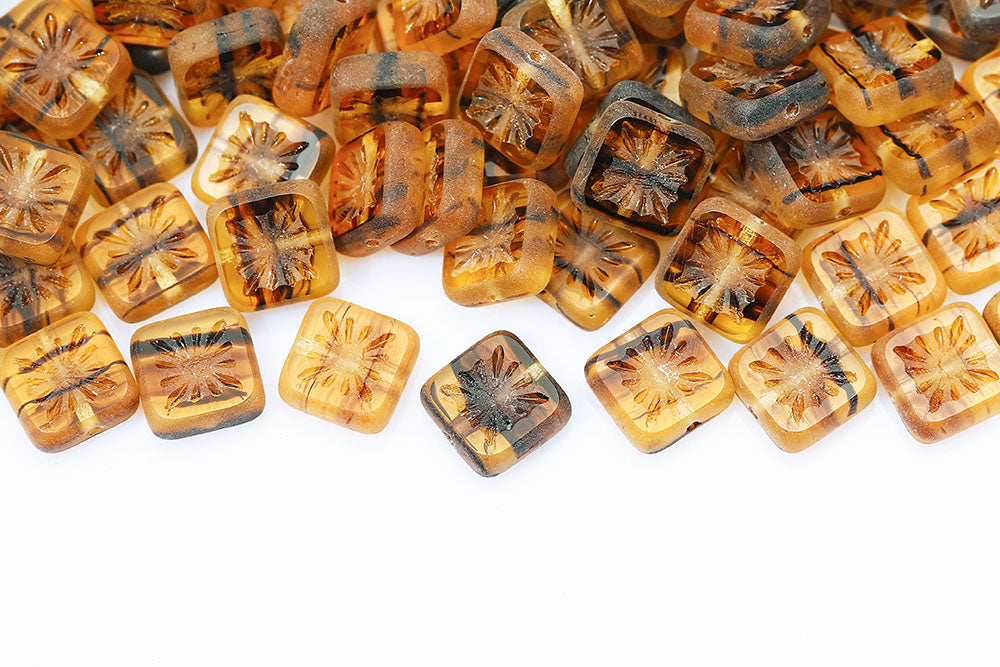 Squared Kiwi 10×10mm Black Stripes On Brown Matt 1-Hole Czech Beads