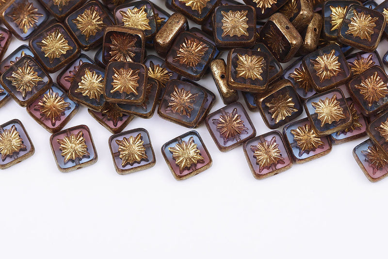 Squared Kiwi 10×10mm Lt.Amethyst Sapphire Mixed Gold Finish 1-Hole Czech Beads