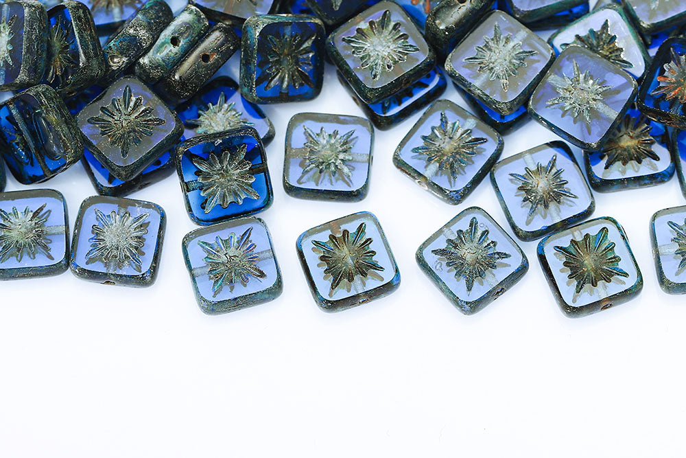 Squared Kiwi 10×10mm Sapphire Travertine 1-Hole Czech Beads