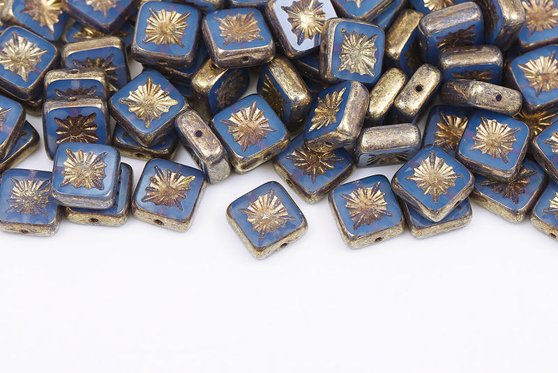 Squared Kiwi 10×10mm Opal Blue Gold Finish 1-Hole Czech Beads