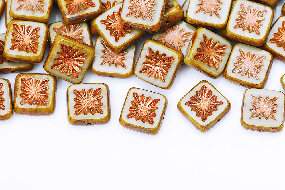 Squared Kiwi 10×10mm Gray Travertine With Copper 1-Hole Czech Beads