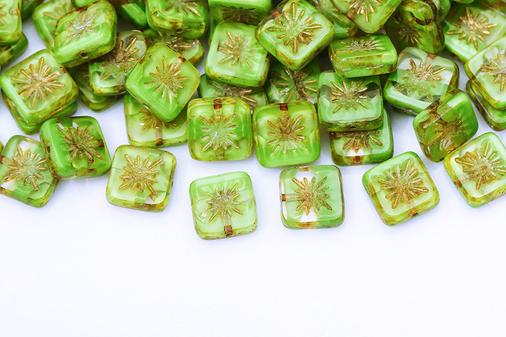 Squared Kiwi 10×10mm Silk Green Travertin With Gold 1-Hole Czech Beads