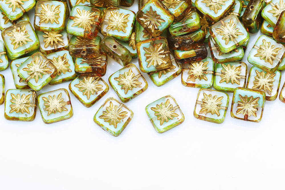 Squared Kiwi 10×10mm Crystal Green Mixed Travertin With Gold 1-Hole Czech Beads