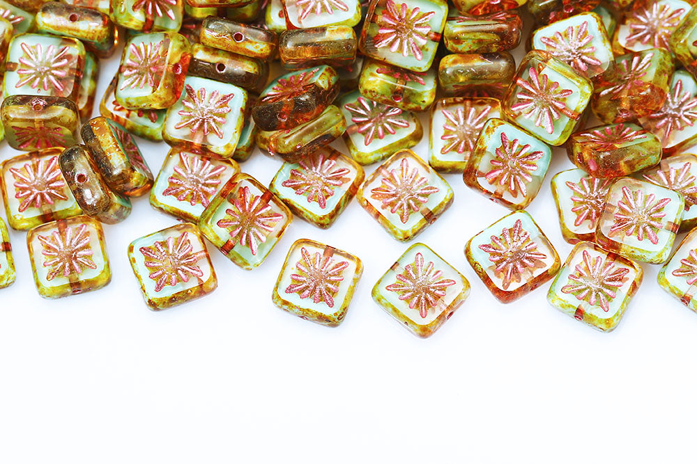 Squared Kiwi 10×10mm Crystal Green Mixed Travertin With Pink 1-Hole Czech Beads