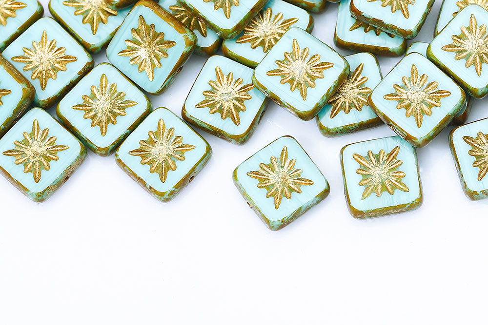 Squared Kiwi 10×10mm Turquoise Blue Travertin With Gold 1-Hole Czech Beads