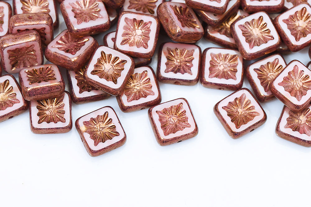 Squared Kiwi 10×10mm Peach Violet Luster 1-Hole Czech Beads