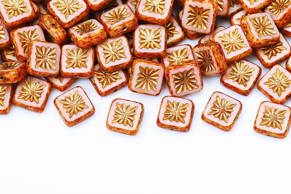 Squared Kiwi 10×10mm Peach Travertin With Gold 1-Hole Czech Beads