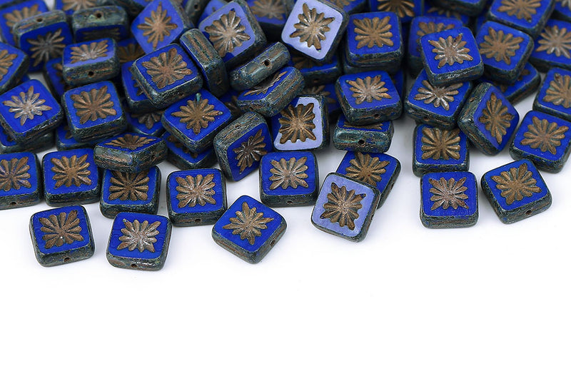 Squared Kiwi 10×10mm Opaque Blue Travertin With Gold 1-Hole Czech Beads