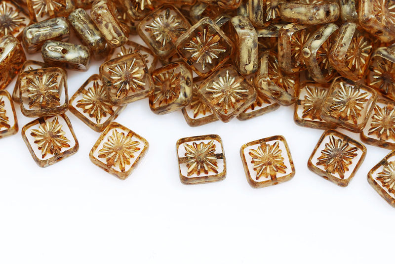 Squared Kiwi 10×10mm Crystal Travertin Jonquil Finish 1-Hole Czech Beads