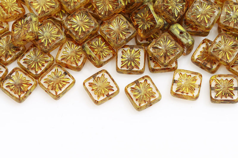 Squared Kiwi 10×10mm Crystal Travertin Yellow Finish 1-Hole Czech Beads