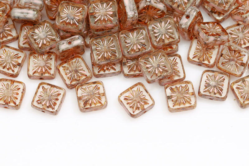 Squared Kiwi 10×10mm Crystal Travertin Pink Finish 1-Hole Czech Beads