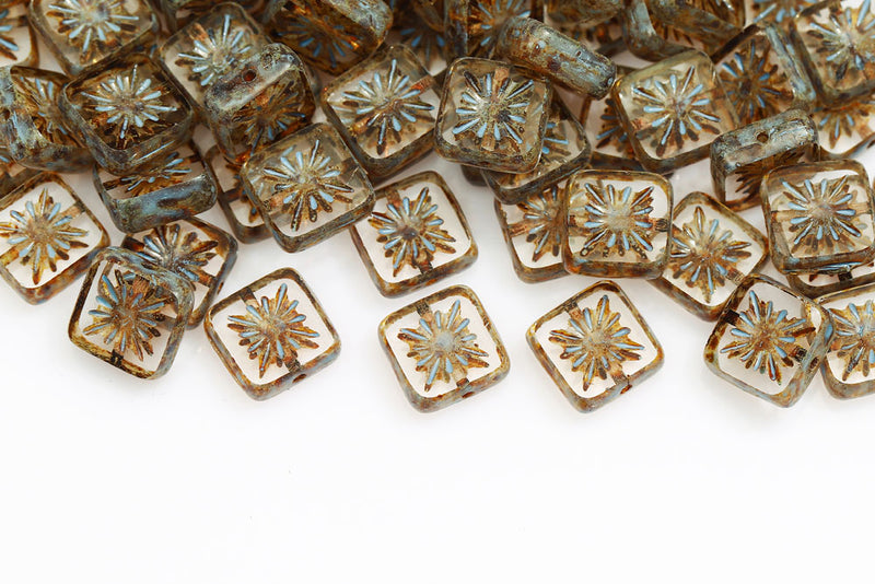 Squared Kiwi 10×10mm Crystal Travertin Blue Finish 1-Hole Czech Beads