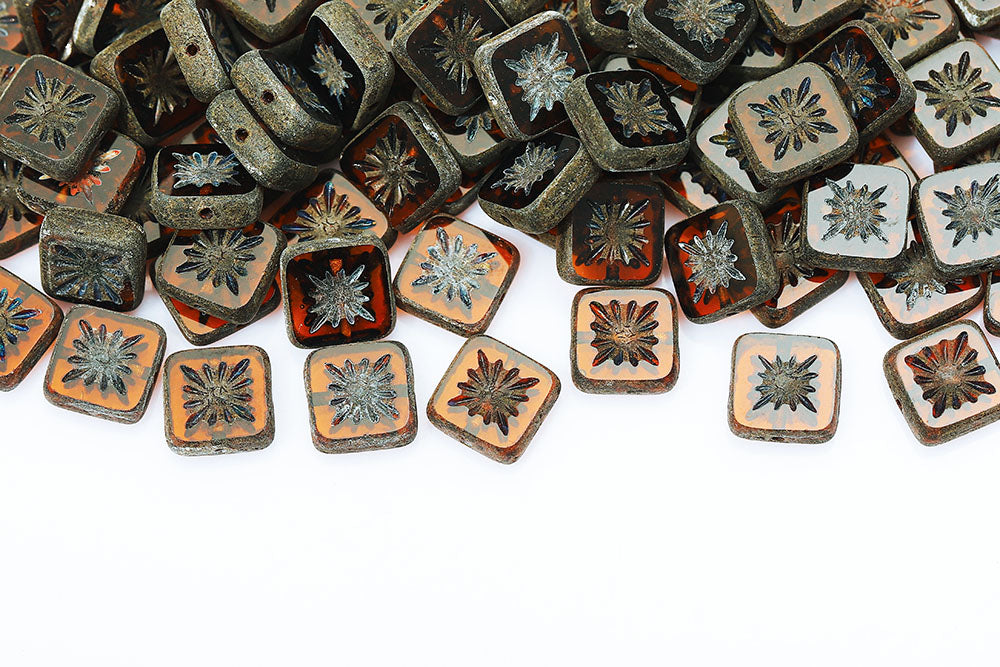 Squared Kiwi 10×10mm Dark Topaz Travertine Matt 1-Hole Czech Beads