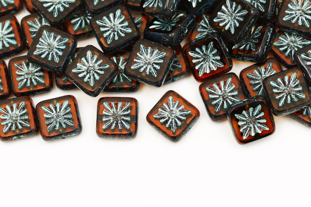 Squared Kiwi 10×10mm Smoked Topaz Travertin With Blue 1-Hole Czech Beads