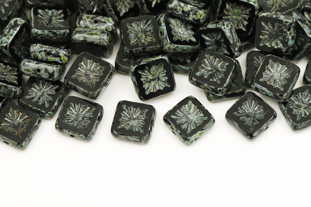 Squared Kiwi 10×10mm Black Travertine 1-Hole Czech Beads